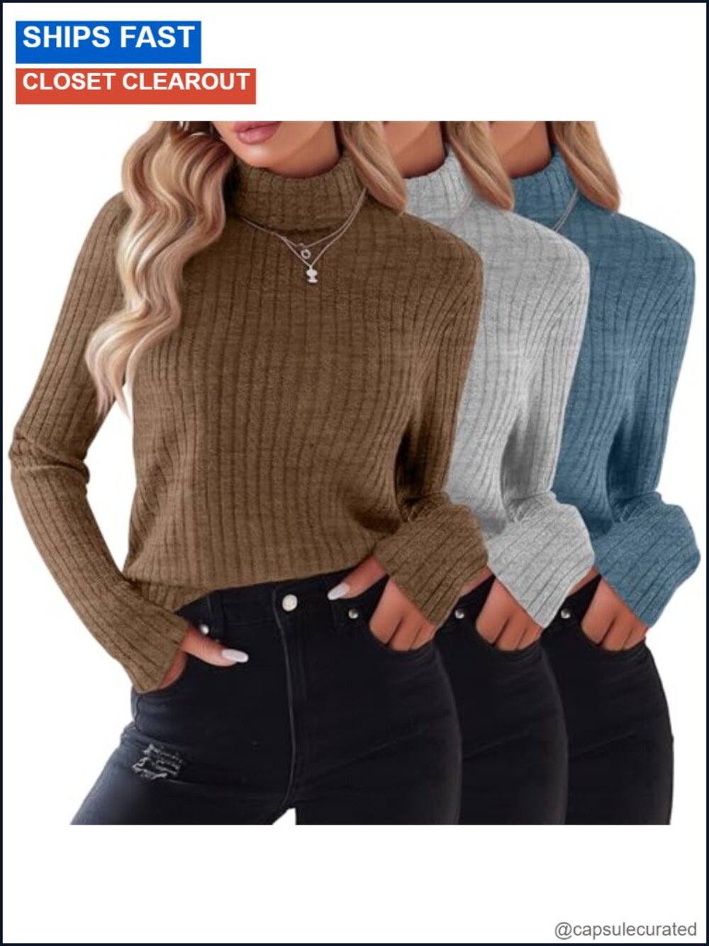 Women's Long Sleeve Turtleneck Sweater 3 Pack Knit Pullover Tops